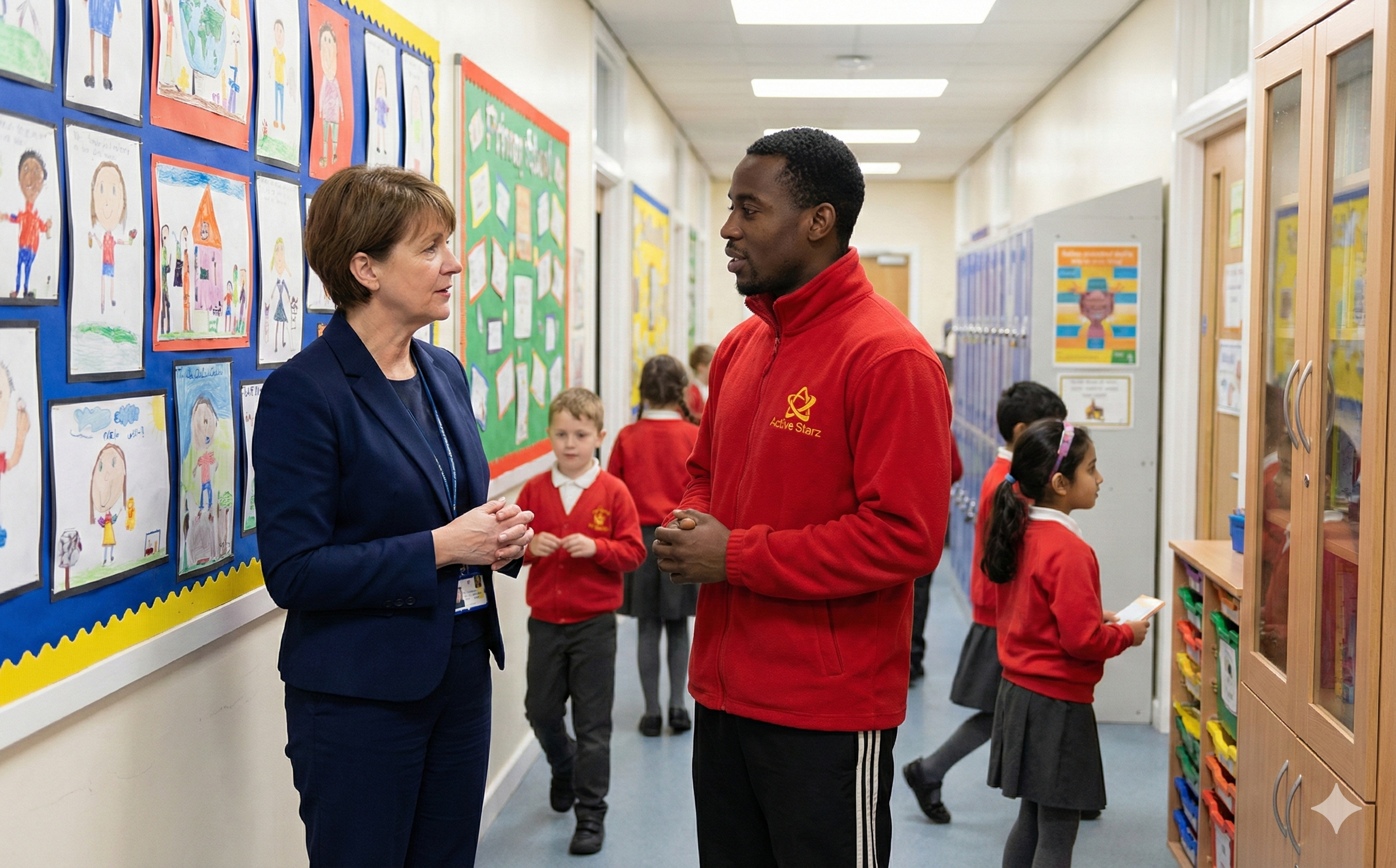 Primary school children playing sports with Active Starz assistants